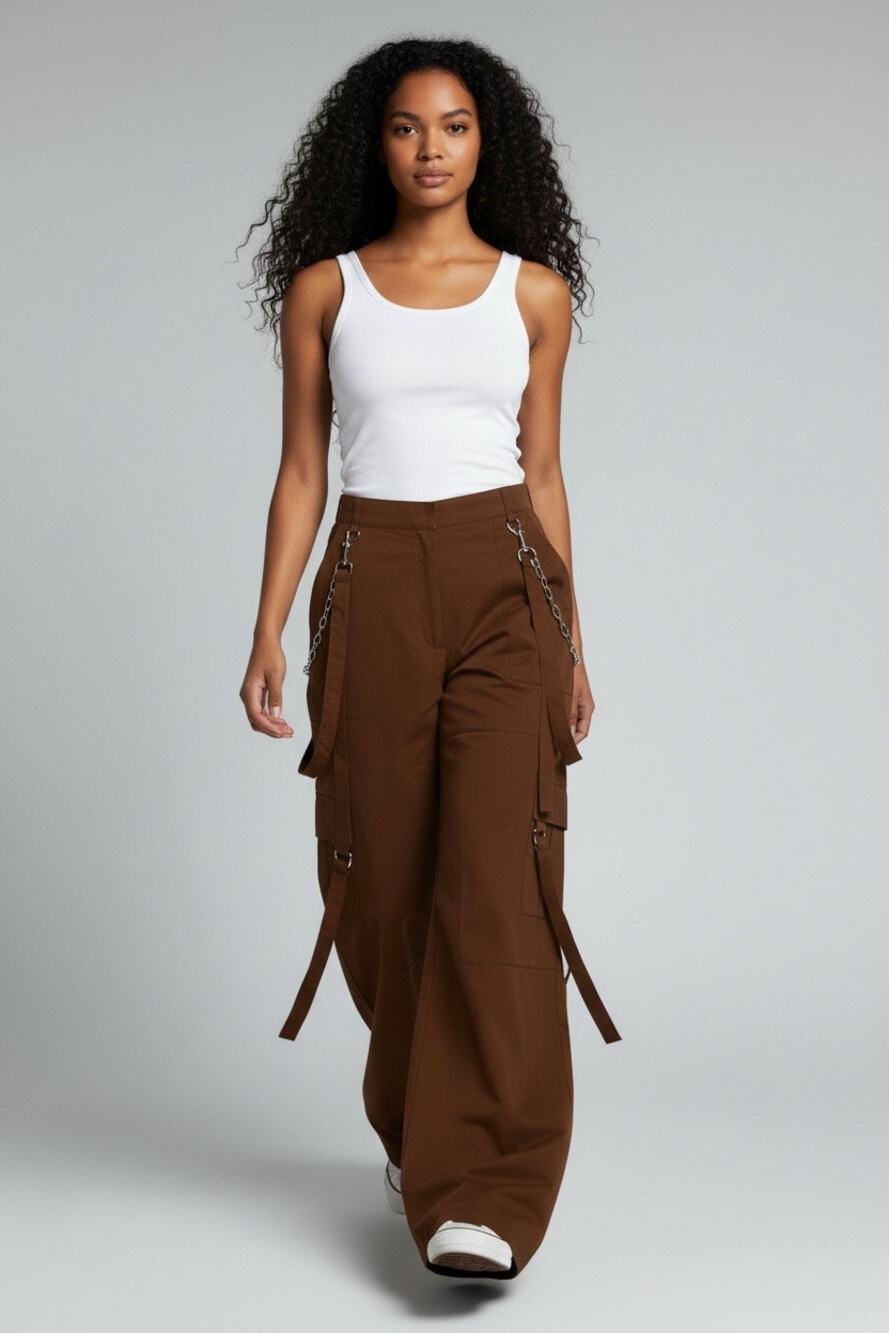 NWT The Ragged Priest Trekker Trousers
Size 12 Brown Wide Leg Combat Chain Pant